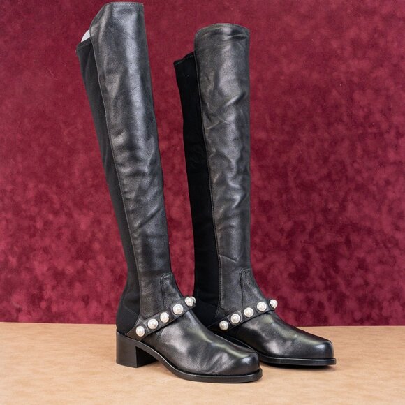 Stuart Weitzman Shoes - Stuart Weitzman Women Portia Pearl Studded Black Leather Nappa OTK Boots sz 7.5